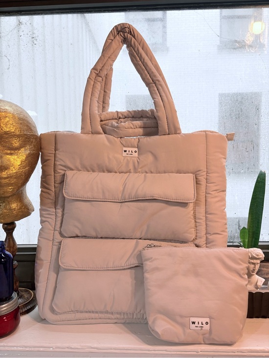 Wilo The Label Handbags - WILO Quilted Puffer Tote Bag in Light Beige with Matching Pouch